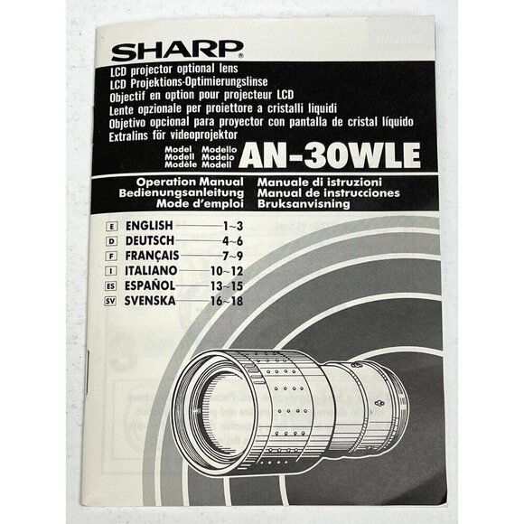 SHARP LCD Projector Optional LENS AN-30WLE 90mm 1:4.5 w/ Caps Box Manual EUC - Picture 5 of 6